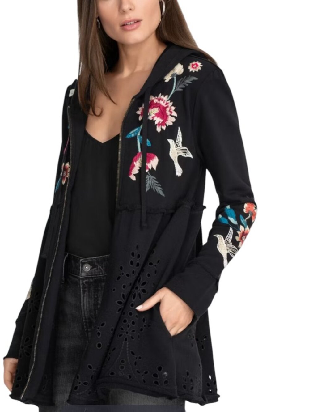 Johnny Was Junia Jacket Embroidered Eyelet Zip Front Hooded Black S - Picture 2 of 12